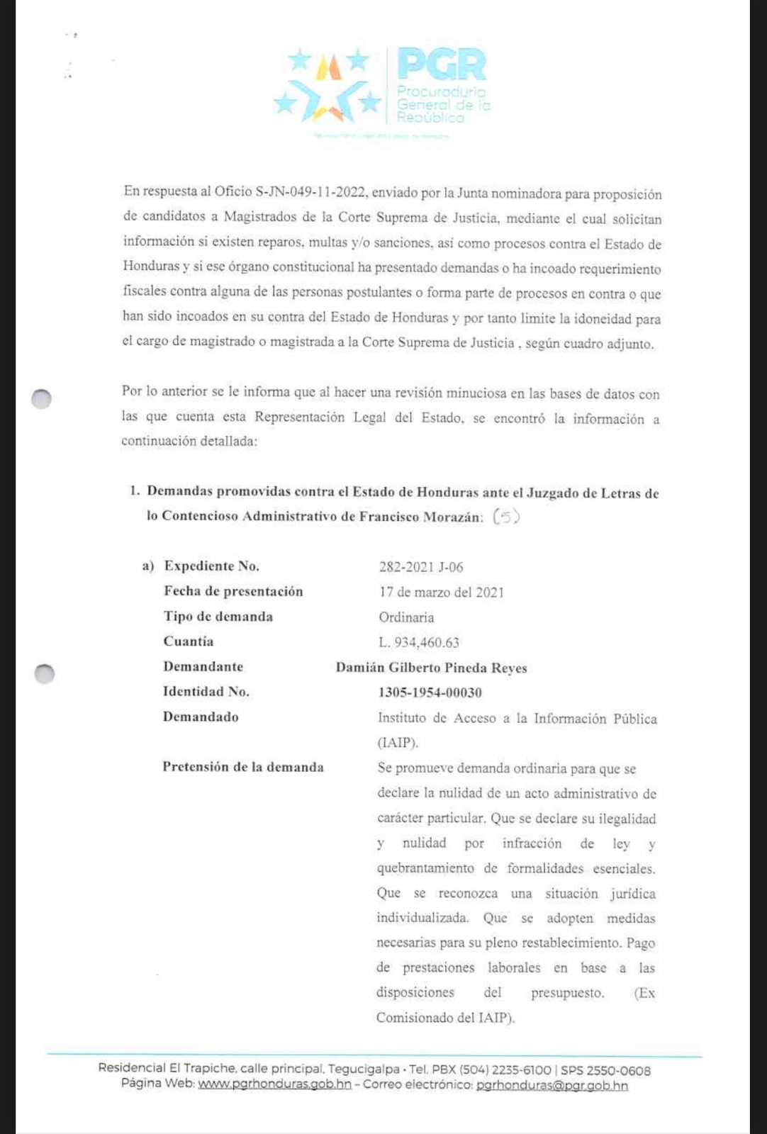 Informe remitido por parte de la PGR